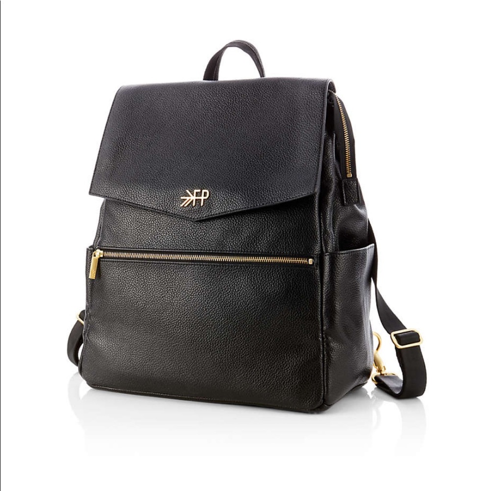 Freshly picked black leather diaper bag from crate and barrel